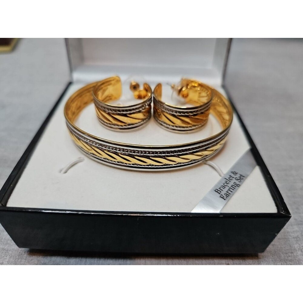 East 5th Dual Tone Cuff Bracelet & Hoop Earrings Set Rope Pattern